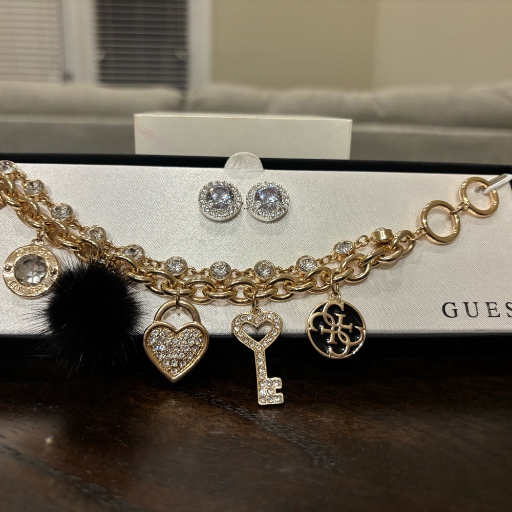 Guess Gold and Black Charm Bracelet with Earrings